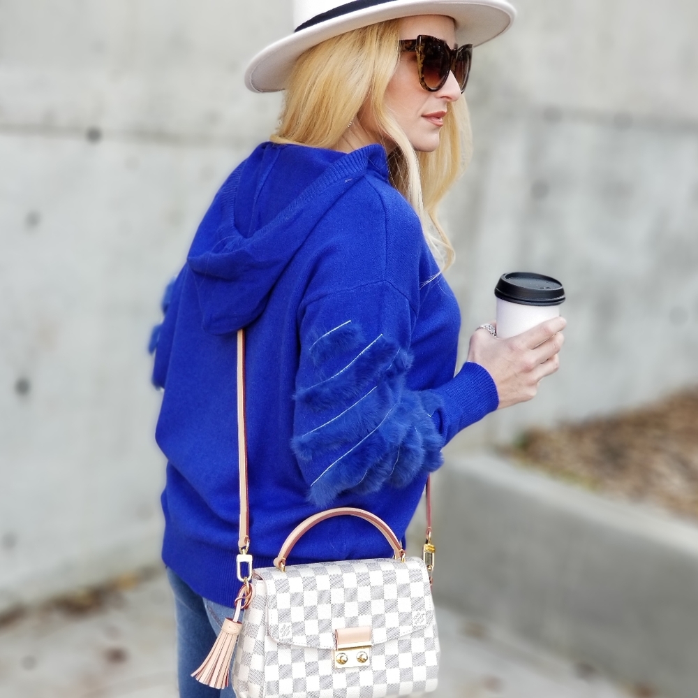 Blue Sweater Top with Hoodie and Fur details - Picture 3 of 4